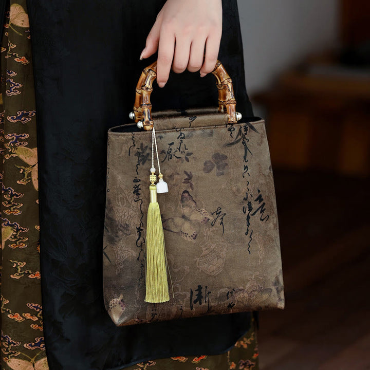 Buddha Stones Bolso con asas de bambú, hojas de bambú, mariposas, peces koi - Pez koi mariposa caqui 23*25*8,5 cm - image 17