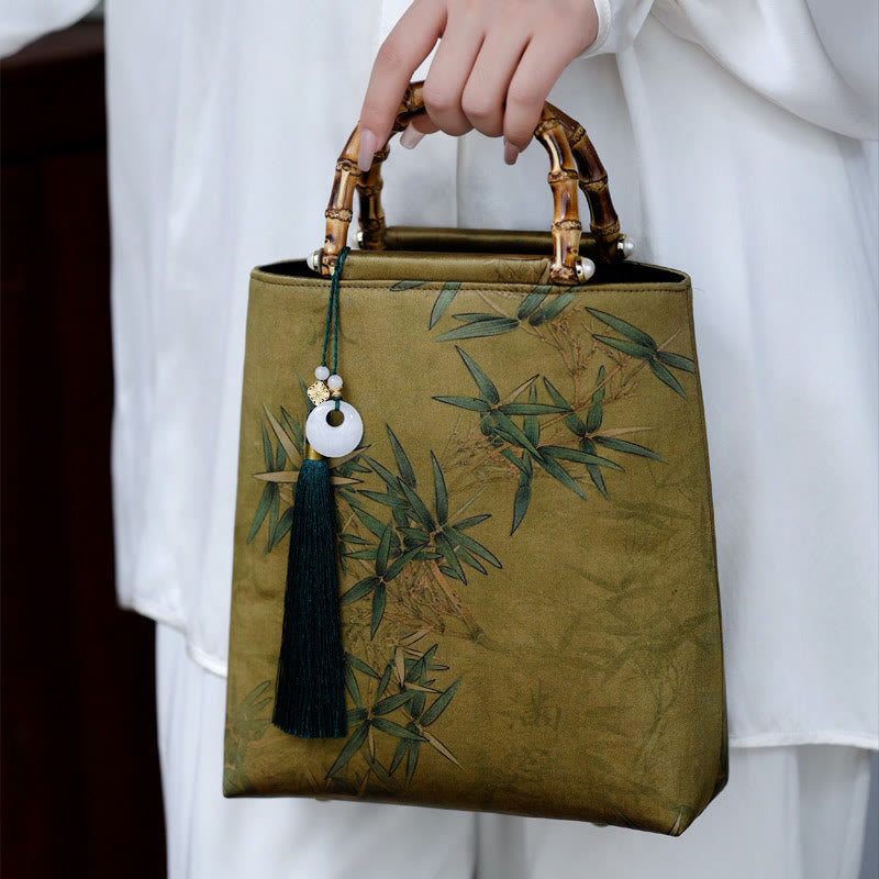 Buddha Stones Bolso con asas de bambú, hojas de bambú, mariposas, peces koi - Bambú verde amarillento 23*25*8,5 cm - image 28