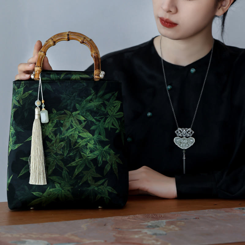 Buddha Stones Bolso con asas de bambú, hojas de bambú, mariposas, peces koi - image 15