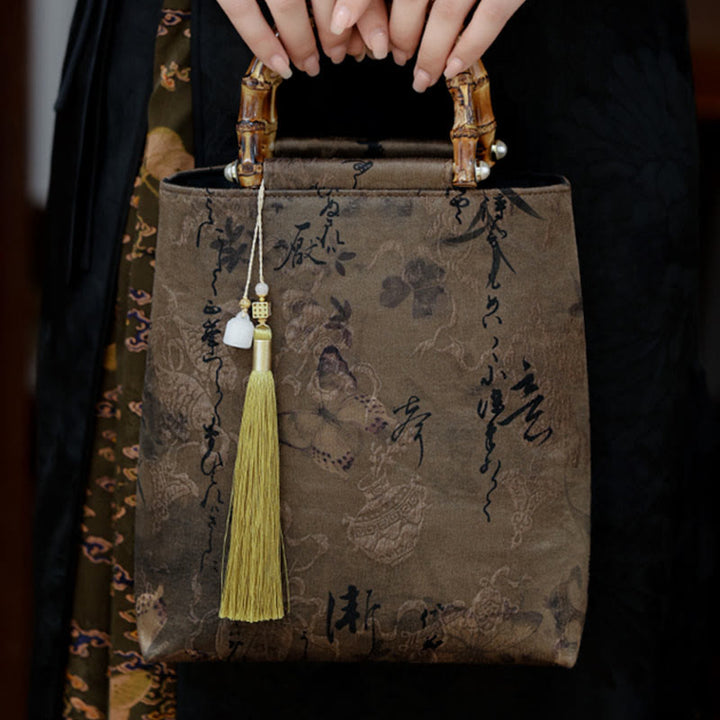 Buddha Stones Bolso con asas de bambú, hojas de bambú, mariposas, peces koi - image 18