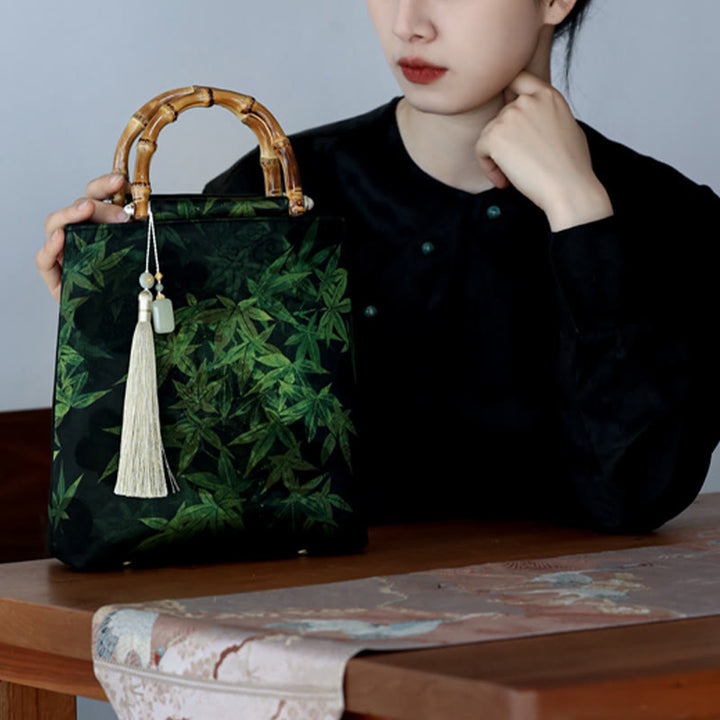 Buddha Stones Bolso con asas de bambú, hojas de bambú, mariposas, peces koi - image 14