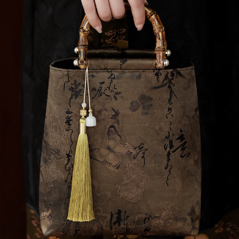 Buddha Stones Bolso con asas de bambú, hojas de bambú, mariposas, peces koi - image 19