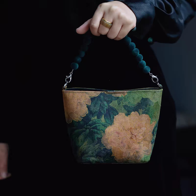 Buddha Stones Bolso bandolera con cadena de metal, diseño de hojas de bambú, mariposas, peonías y urracas. - Peonía verde caqui 14*18*9cm - image 16