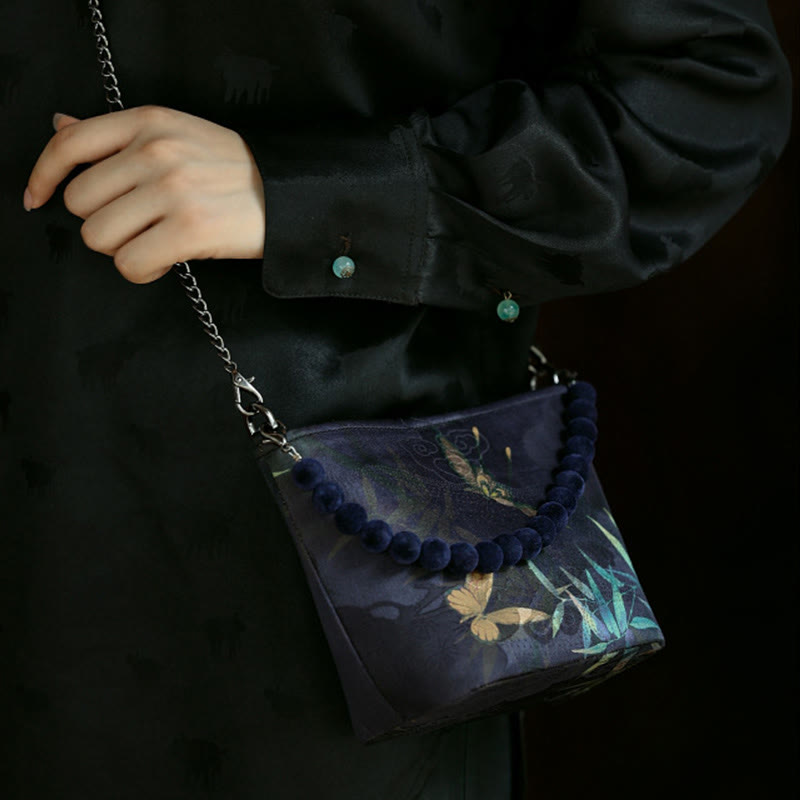 Buddha Stones Bolso bandolera con cadena de metal, diseño de hojas de bambú, mariposas, peonías y urracas. - image 3