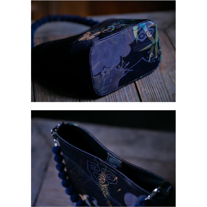 Buddha Stones Bolso bandolera con cadena de metal, diseño de hojas de bambú, mariposas, peonías y urracas. - image 9