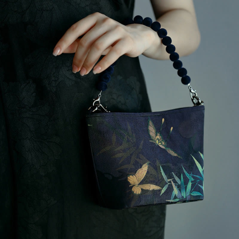 Buddha Stones Bolso bandolera con cadena de metal, diseño de hojas de bambú, mariposas, peonías y urracas. - image 2