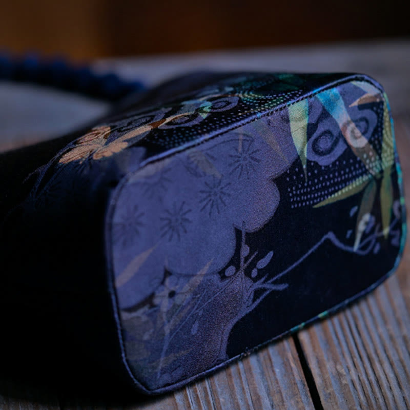 Buddha Stones Bolso bandolera con cadena de metal, diseño de hojas de bambú, mariposas, peonías y urracas. - image 7