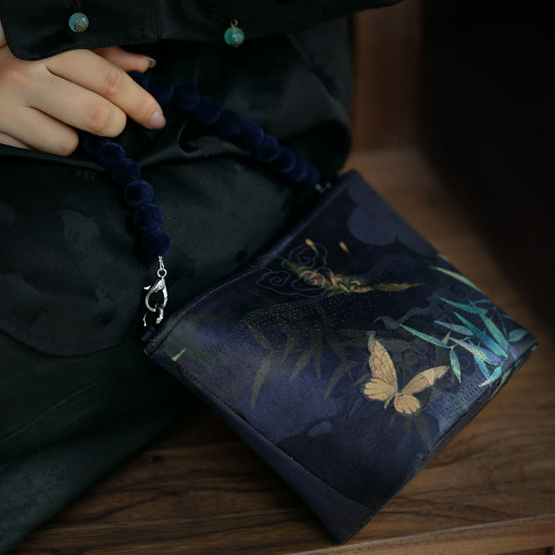 Buddha Stones Bolso bandolera con cadena de metal, diseño de hojas de bambú, mariposas, peonías y urracas. - image 11