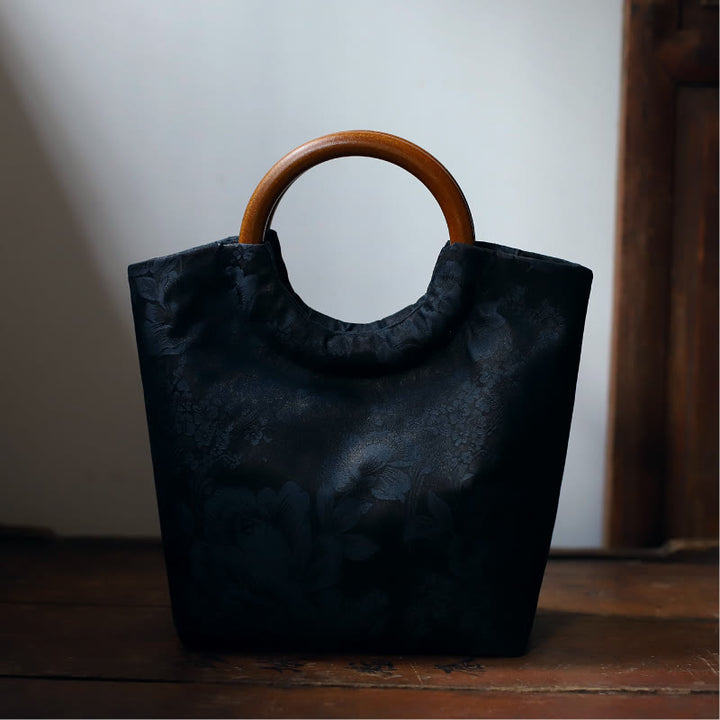 Buddha Stones Bolso de mano con asa de madera maciza, diseño de pájaro, hojas de bambú y flores de peonía - Azul oscuro 22*19*11cm - image 15