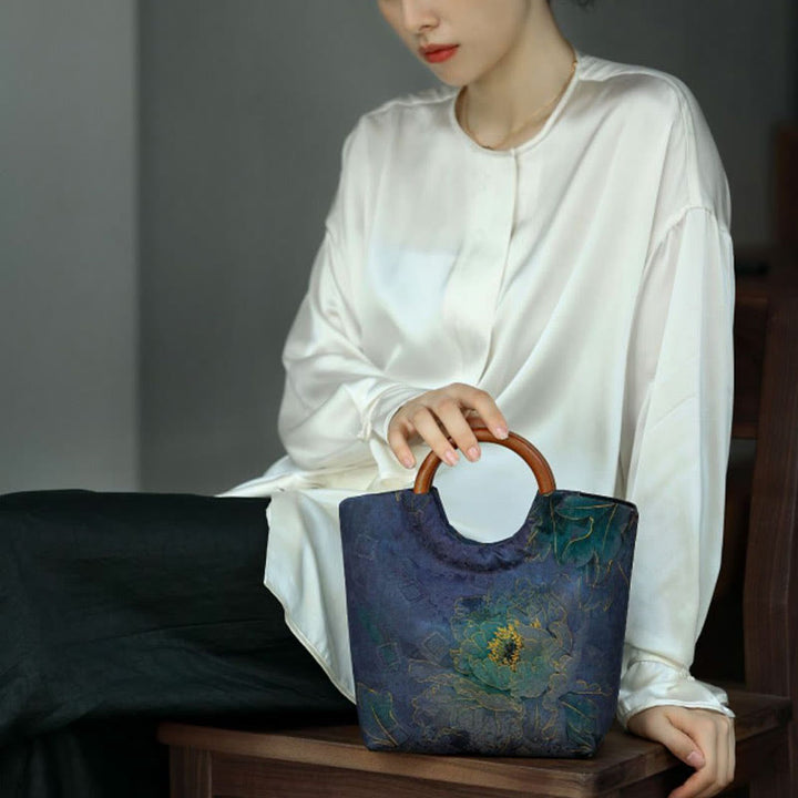 Buddha Stones Bolso de mano con asa de madera maciza, diseño de pájaro, hojas de bambú y flores de peonía - image 10