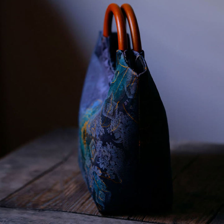 Buddha Stones Bolso de mano con asa de madera maciza, diseño de pájaro, hojas de bambú y flores de peonía - image 4