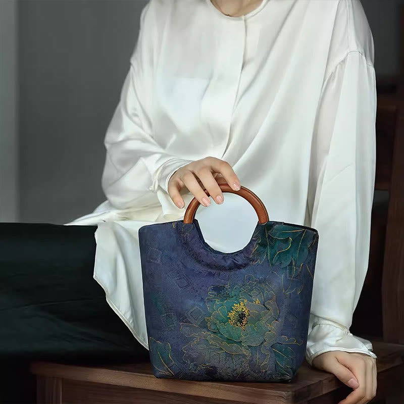 Buddha Stones Bolso de mano con asa de madera maciza, diseño de pájaro, hojas de bambú y flores de peonía - image 9