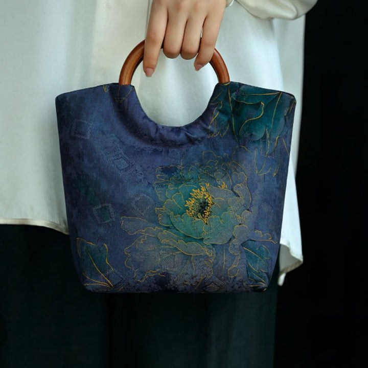 Buddha Stones Bolso de mano con asa de madera maciza, diseño de pájaro, hojas de bambú y flores de peonía - image 6