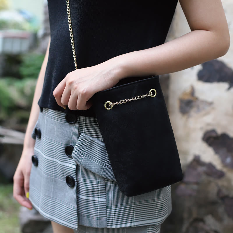 Buddha Stones Bolso bandolera pequeño con cadena metálica de caqui y hoja de arce, bolso de hombro para teléfono móvil - Negro 20*12*4cm - image 15