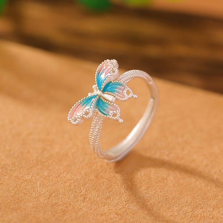 Anillo de libertad de amor con mariposa azul y rosa de plata de ley 999 con Buddha Stones