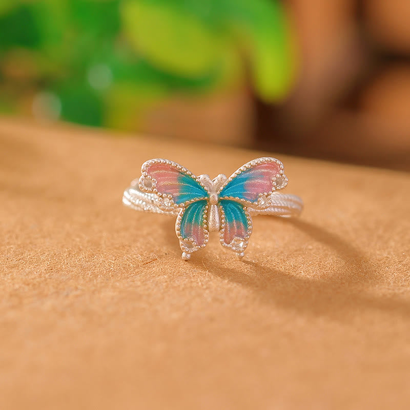 Anillo de libertad de amor con mariposa azul y rosa de plata de ley 999 con Buddha Stones