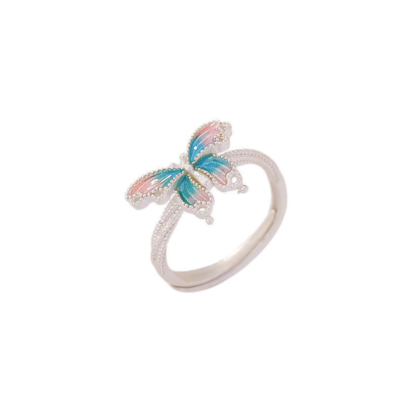 Anillo de libertad de amor con mariposa azul y rosa de plata de ley 999 con Buddha Stones