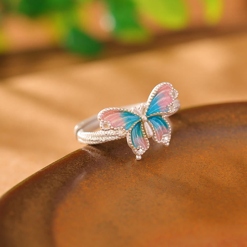 Anillo de libertad de amor con mariposa azul y rosa de plata de ley 999 con Buddha Stones