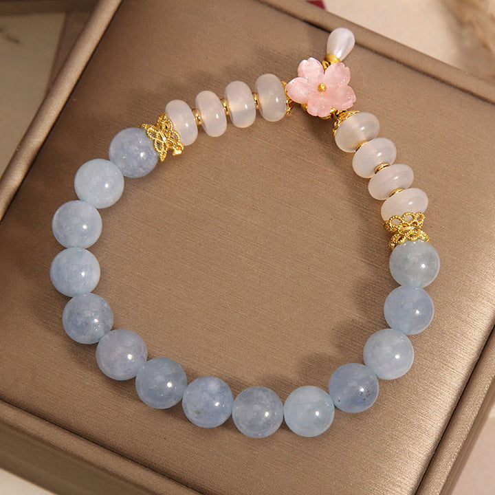 Buddha Stones aguamarina ágata blanca perla cuentas de ábaco pulsera curativa de flores