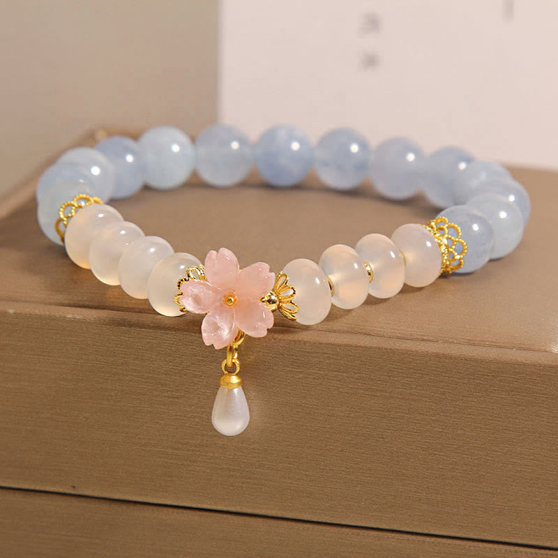 Buddha Stones aguamarina ágata blanca perla cuentas de ábaco pulsera curativa de flores