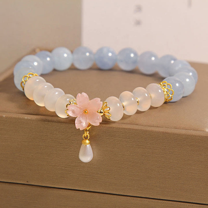 Buddha Stones aguamarina ágata blanca perla cuentas de ábaco pulsera curativa de flores