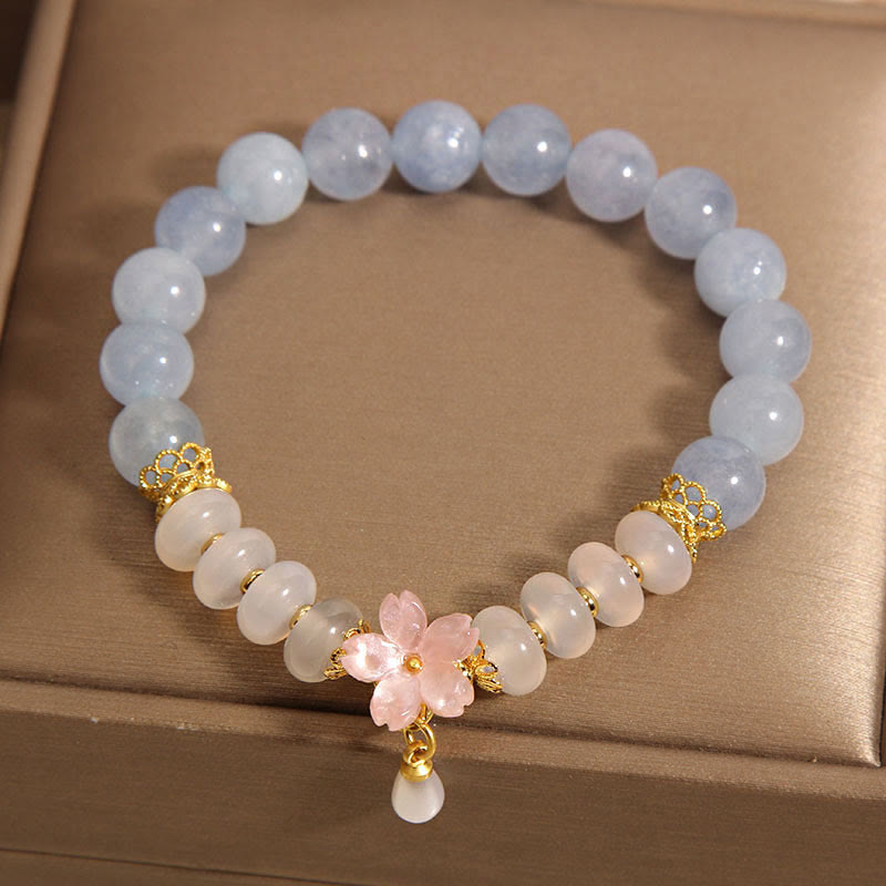 Buddha Stones aguamarina ágata blanca perla cuentas de ábaco pulsera curativa de flores