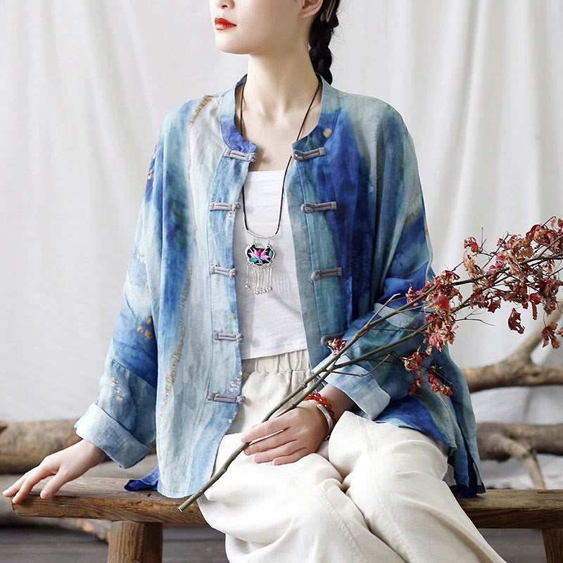 Buddha Stones Azul Blanco Beige Flor pequeña Diseño de botones de rana Camisa de manga larga de lino de ramio