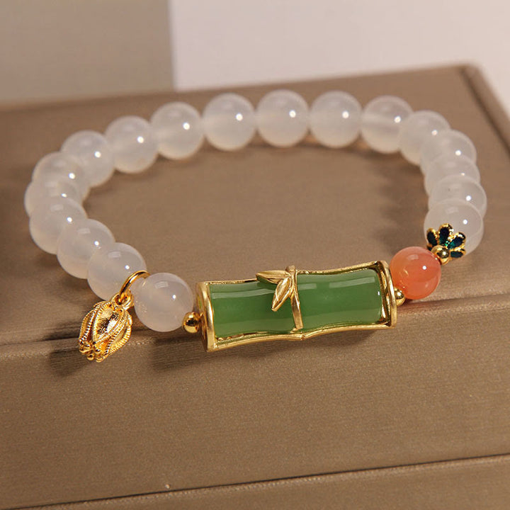 Pulsera de positividad con cuentas de bambú de jadeíta de ágata blanca natural con Buddha Stones