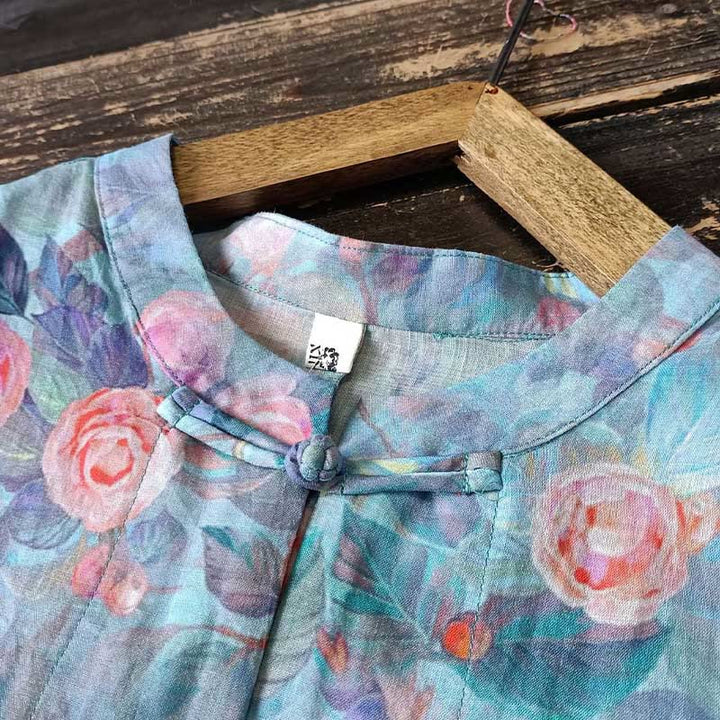 Buddha Stones Flores rosadas Estampado de hojas verdes Diseño de botón de rana Camisa de chaqueta de lino de ramio de manga larga