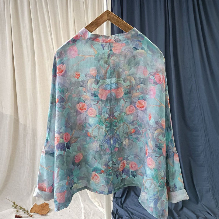 Buddha Stones Flores rosadas Estampado de hojas verdes Diseño de botón de rana Camisa de chaqueta de lino de ramio de manga larga