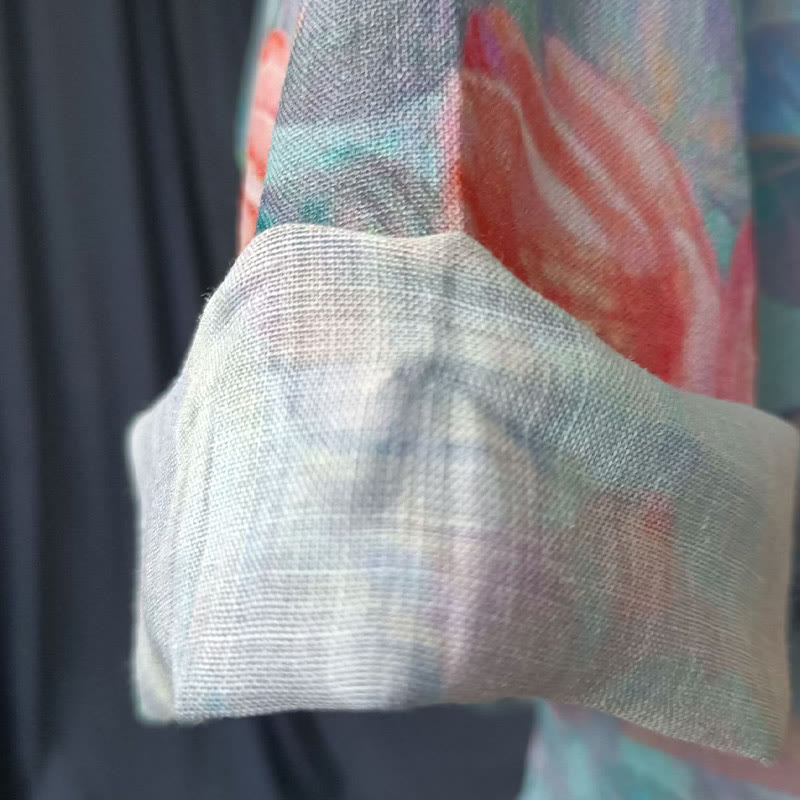 Buddha Stones Flores rosadas Estampado de hojas verdes Diseño de botón de rana Camisa de chaqueta de lino de ramio de manga larga - image 14