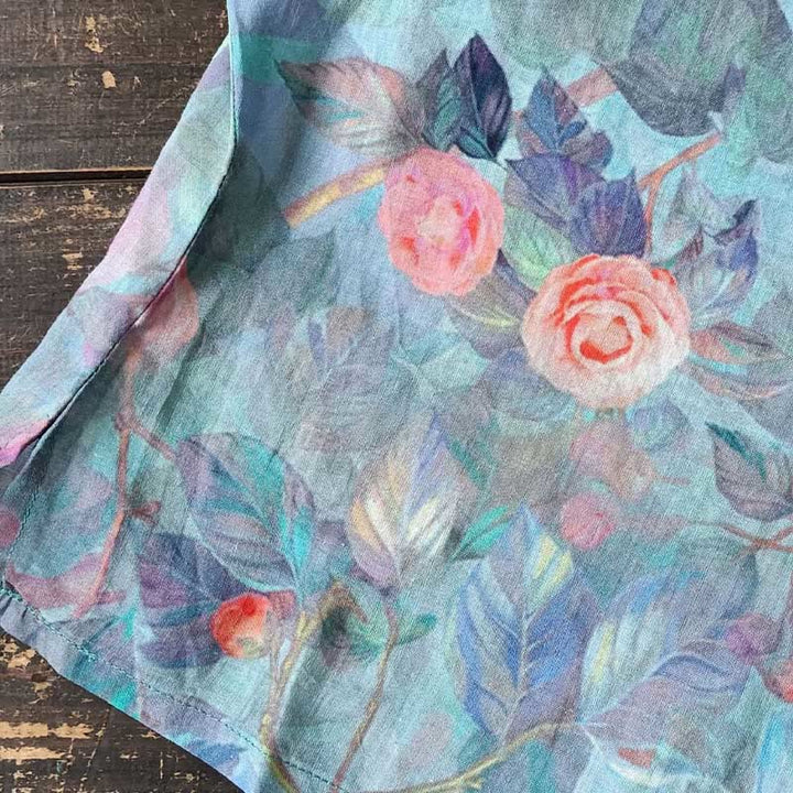 Buddha Stones Flores rosadas Estampado de hojas verdes Diseño de botón de rana Camisa de chaqueta de lino de ramio de manga larga - image 18