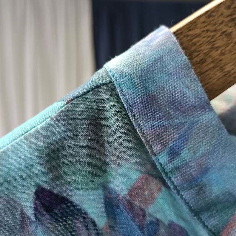 Buddha Stones Flores rosadas Estampado de hojas verdes Diseño de botón de rana Camisa de chaqueta de lino de ramio de manga larga - image 11