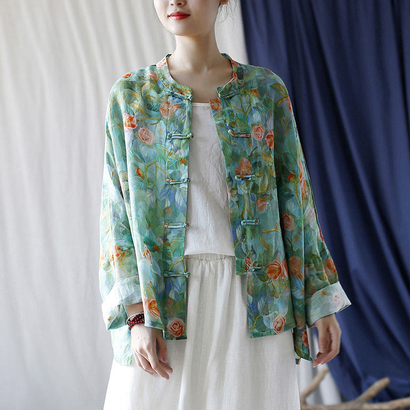 Buddha Stones Flores rosadas Estampado de hojas verdes Diseño de botón de rana Camisa de chaqueta de lino de ramio de manga larga