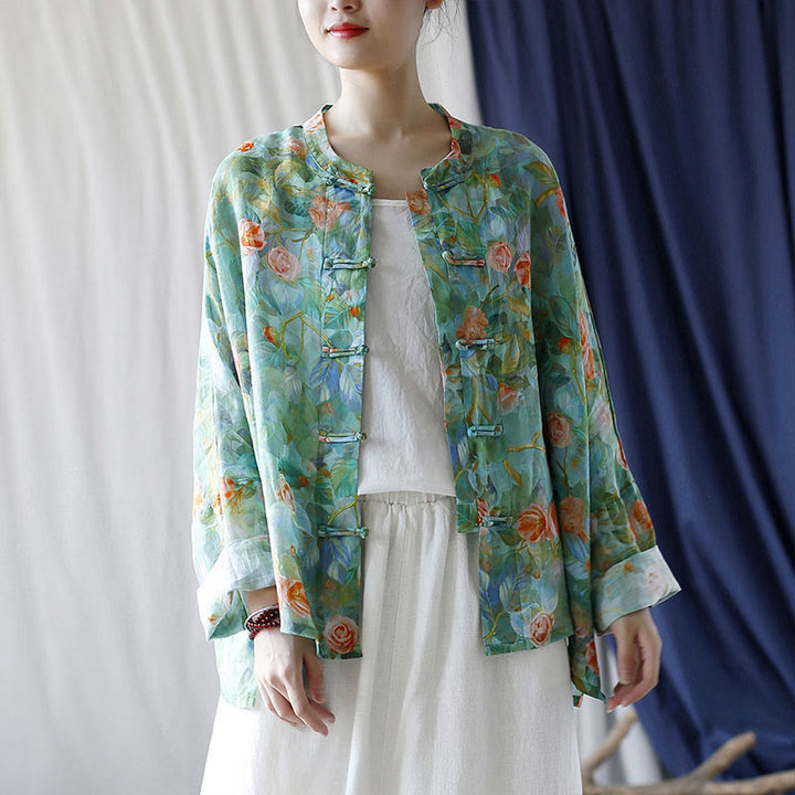 Buddha Stones Flores rosadas Estampado de hojas verdes Diseño de botón de rana Camisa de chaqueta de lino de ramio de manga larga