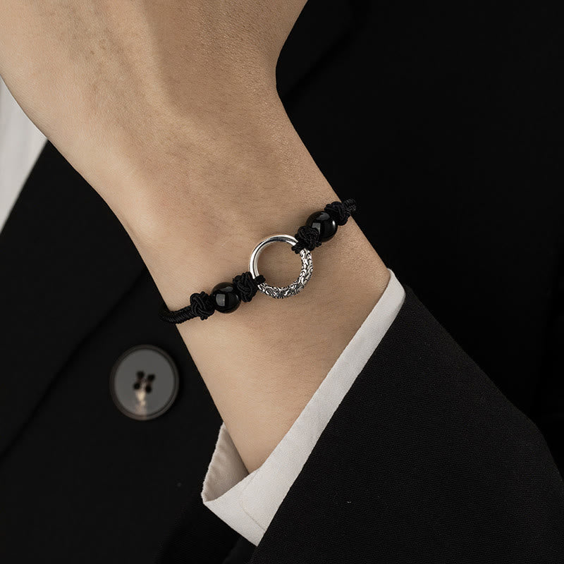 Pulsera de protección con hebilla de paz de ónix negro de plata de ley 925 con Buddha Stones