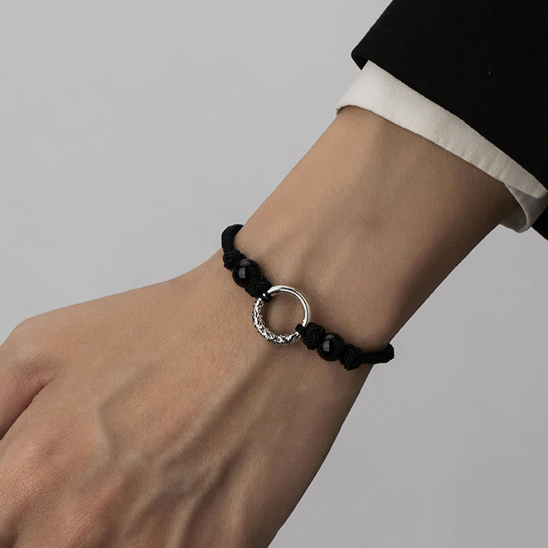 Pulsera de protección con hebilla de paz de ónix negro de plata de ley 925 con Buddha Stones