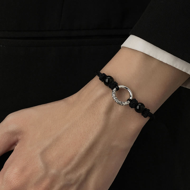 Pulsera de protección con hebilla de paz de ónix negro de plata de ley 925 con Buddha Stones