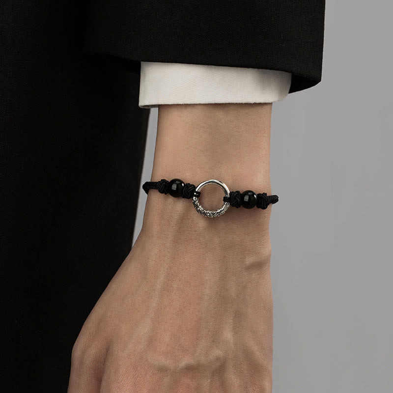 Pulsera de protección con hebilla de paz de ónix negro de plata de ley 925 con Buddha Stones