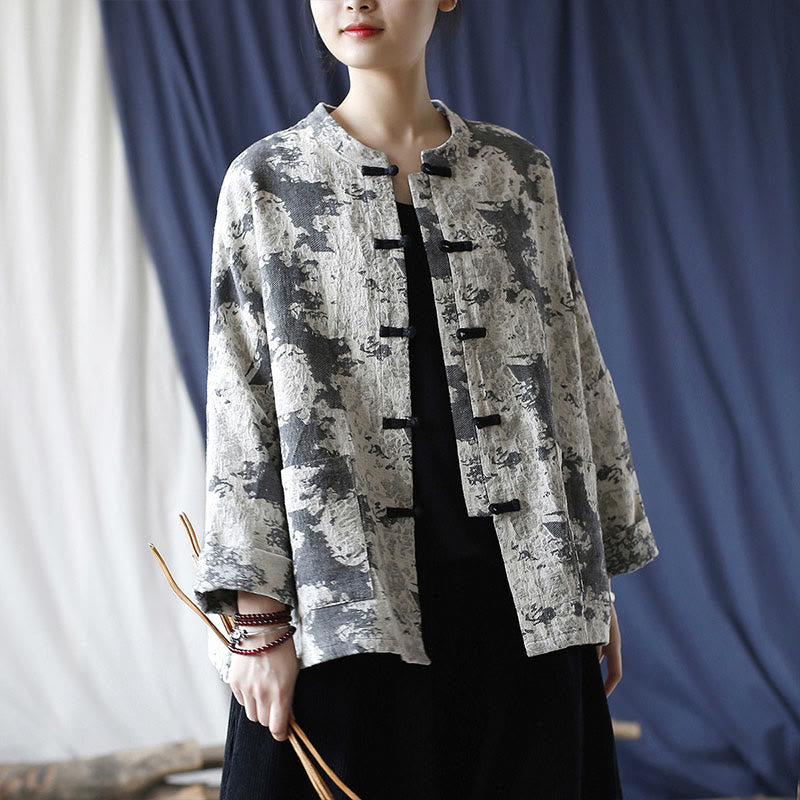 Camisa de chaqueta de lino de algodón de manga larga con diseño de botones de rana y estampado de Buddha Stones con bolsillos