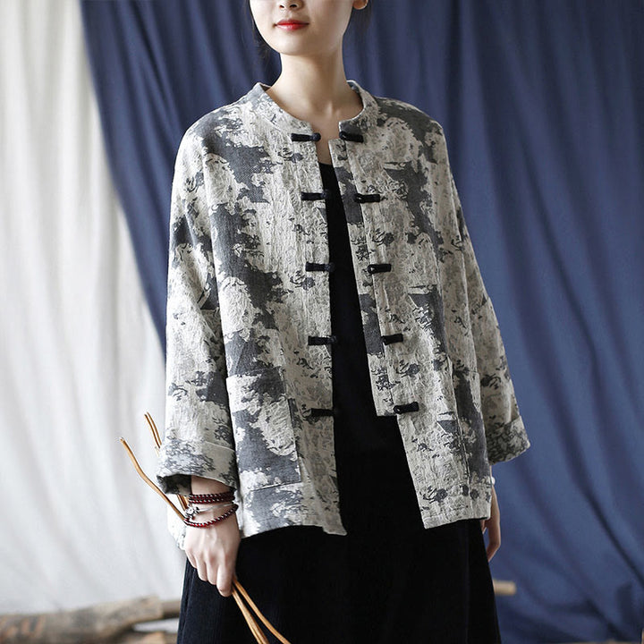 Camisa de chaqueta de lino de algodón de manga larga con diseño de botones de rana y estampado de Buddha Stones con bolsillos