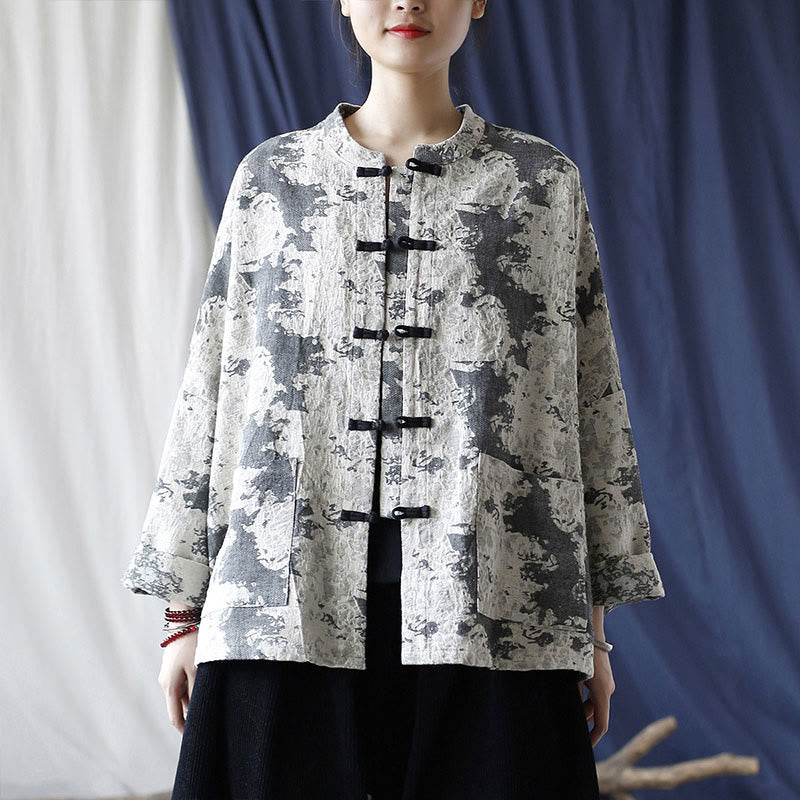 Camisa de chaqueta de lino de algodón de manga larga con diseño de botones de rana y estampado de Buddha Stones con bolsillos