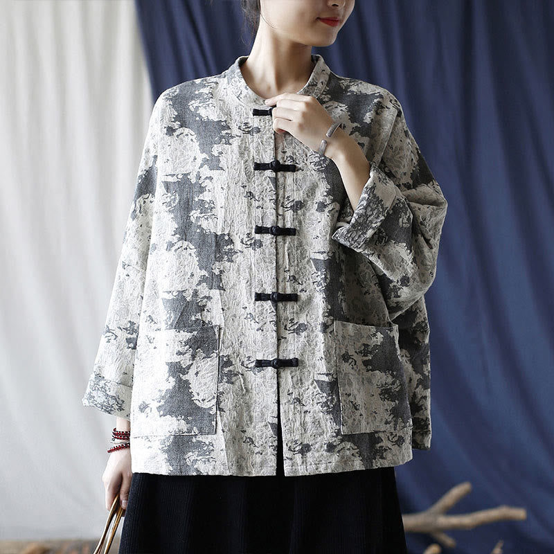 Camisa de chaqueta de lino de algodón de manga larga con diseño de botones de rana y estampado de Buddha Stones con bolsillos