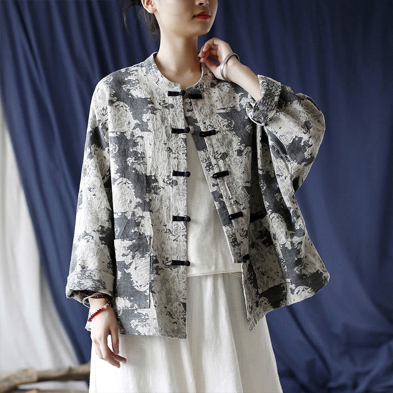 Camisa de chaqueta de lino de algodón de manga larga con diseño de botones de rana y estampado de Buddha Stones con bolsillos