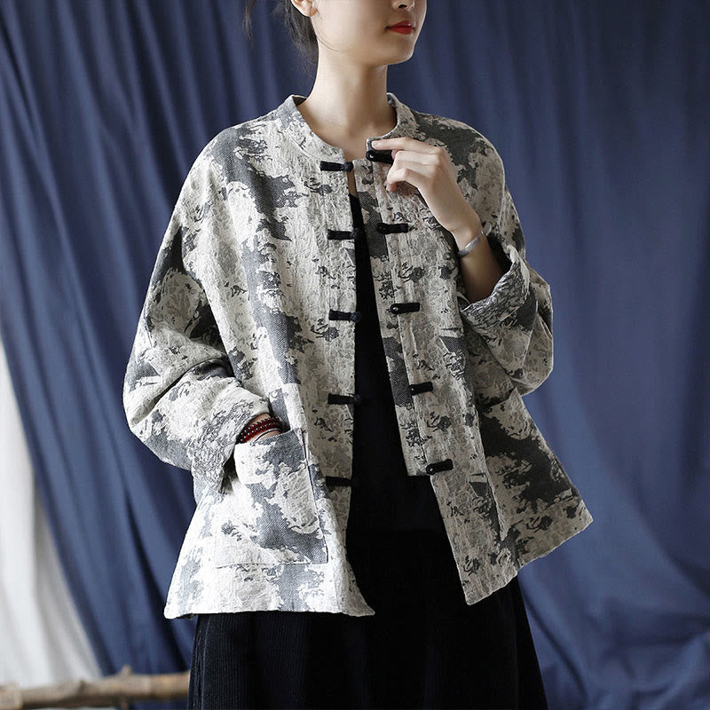 Camisa de chaqueta de lino de algodón de manga larga con diseño de botones de rana y estampado de Buddha Stones con bolsillos