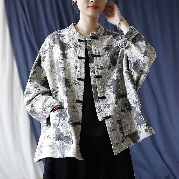 Camisa de chaqueta de lino de algodón de manga larga con diseño de botones de rana y estampado de Buddha Stones con bolsillos