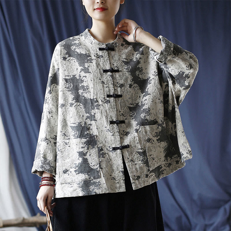 Camisa de chaqueta de lino de algodón de manga larga con diseño de botones de rana y estampado de Buddha Stones con bolsillos