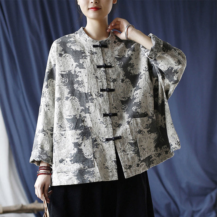Camisa de chaqueta de lino de algodón de manga larga con diseño de botones de rana y estampado de Buddha Stones con bolsillos