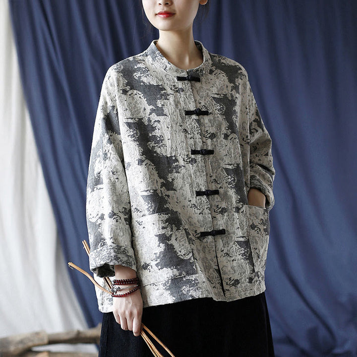 Camisa de chaqueta de lino de algodón de manga larga con diseño de botones de rana y estampado de Buddha Stones con bolsillos