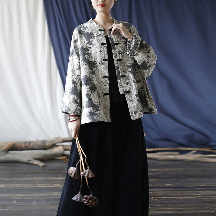 Camisa de chaqueta de lino de algodón de manga larga con diseño de botones de rana y estampado de Buddha Stones con bolsillos - image 30